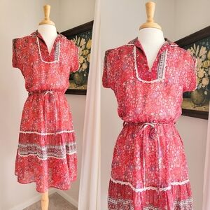 70s Red Floral Tie Waist V Neck Cap Sleeve 1970s Vintage Midi Dress by ' Eber '